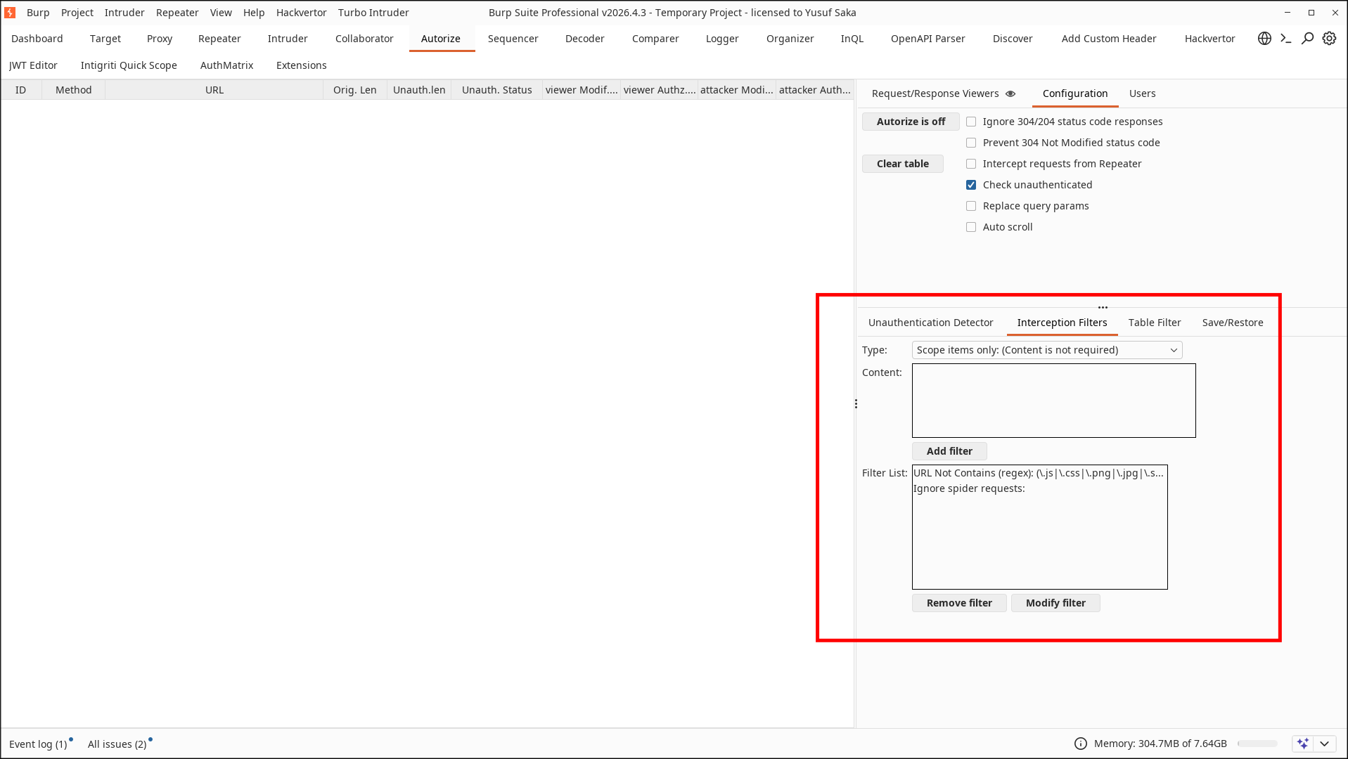 Autorize filters left empty
