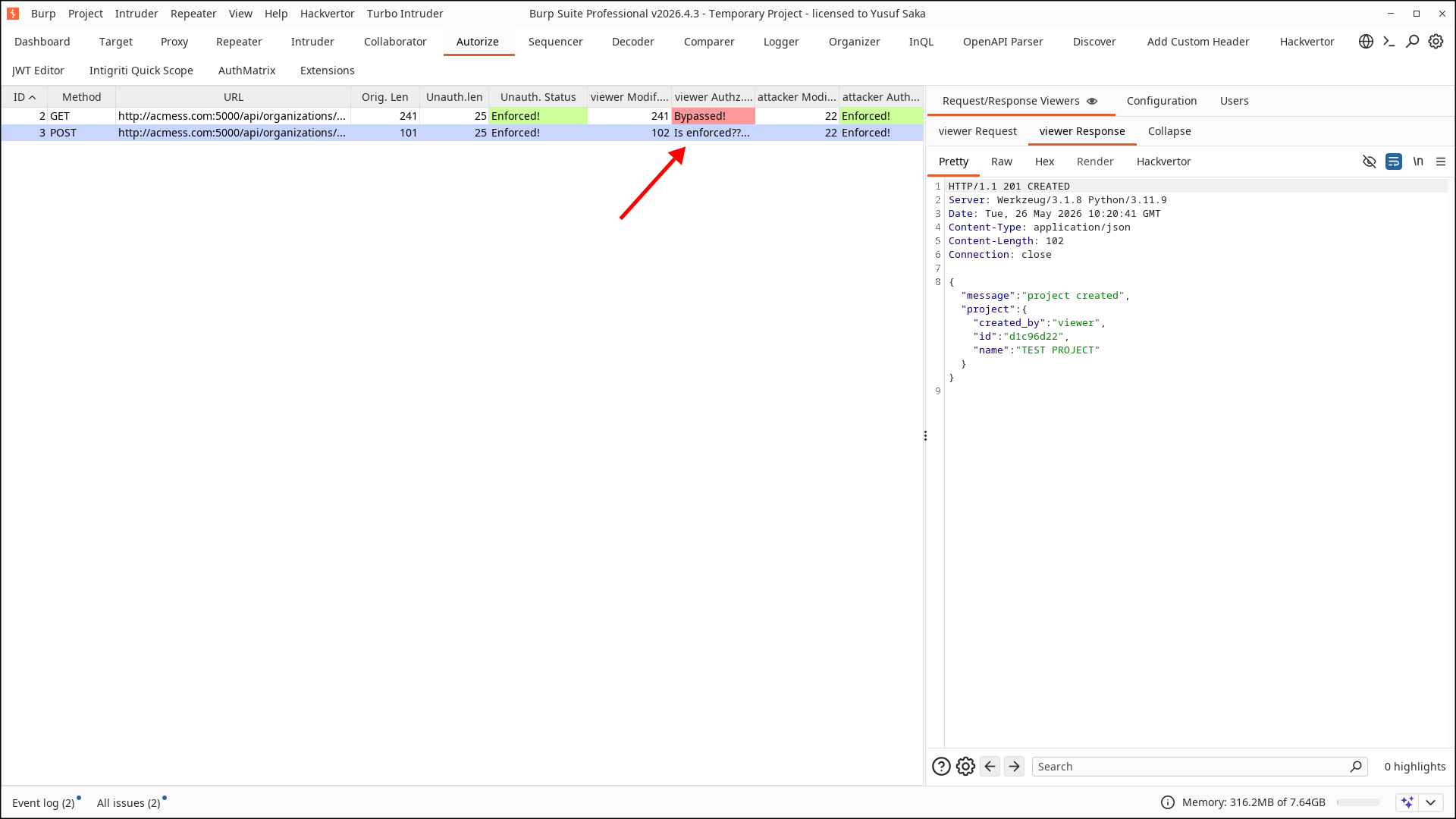 Autorize results for Project Creation showing viewer bypass