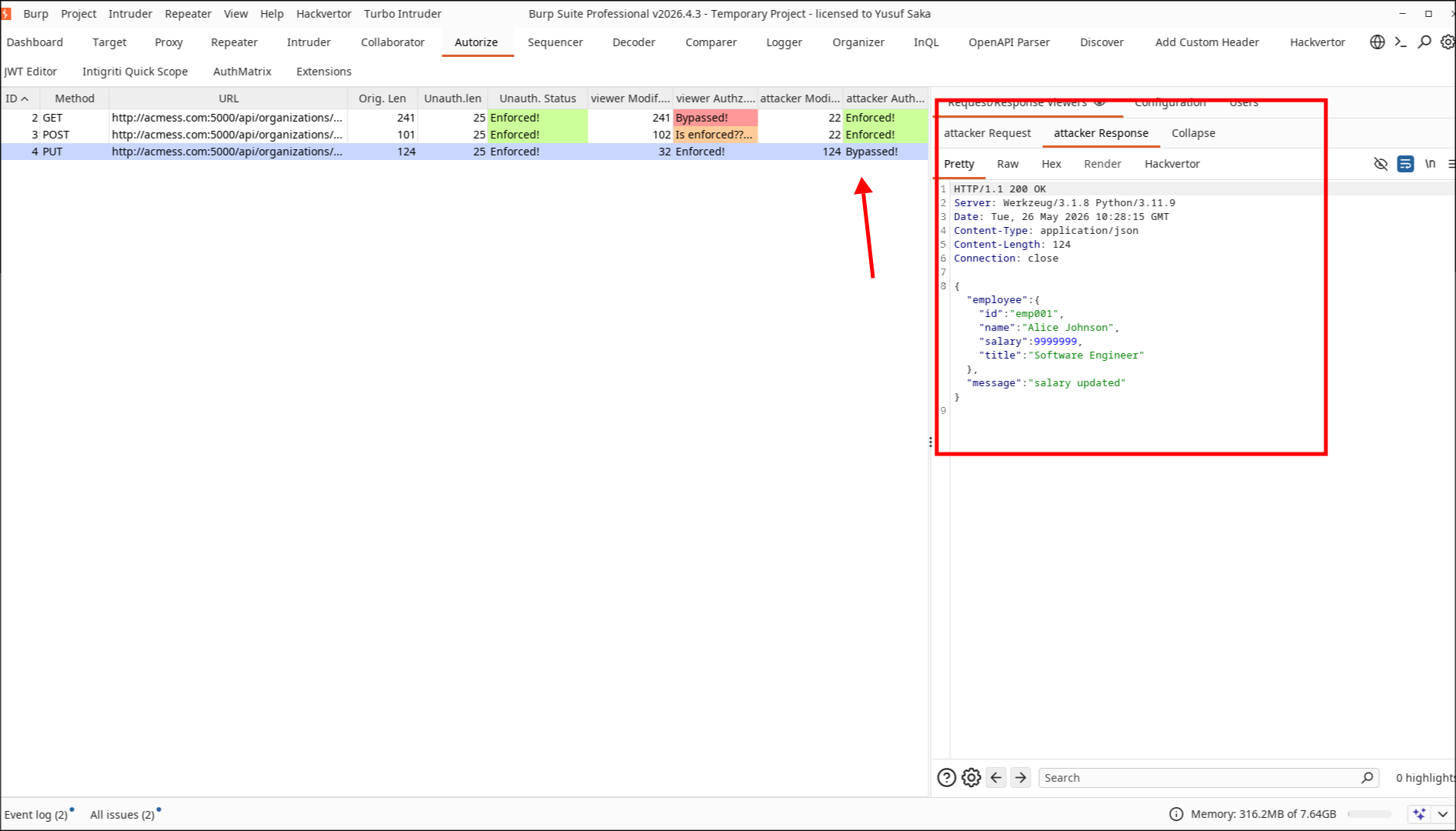 Autorize results for Update Salary showing attacker bypass
