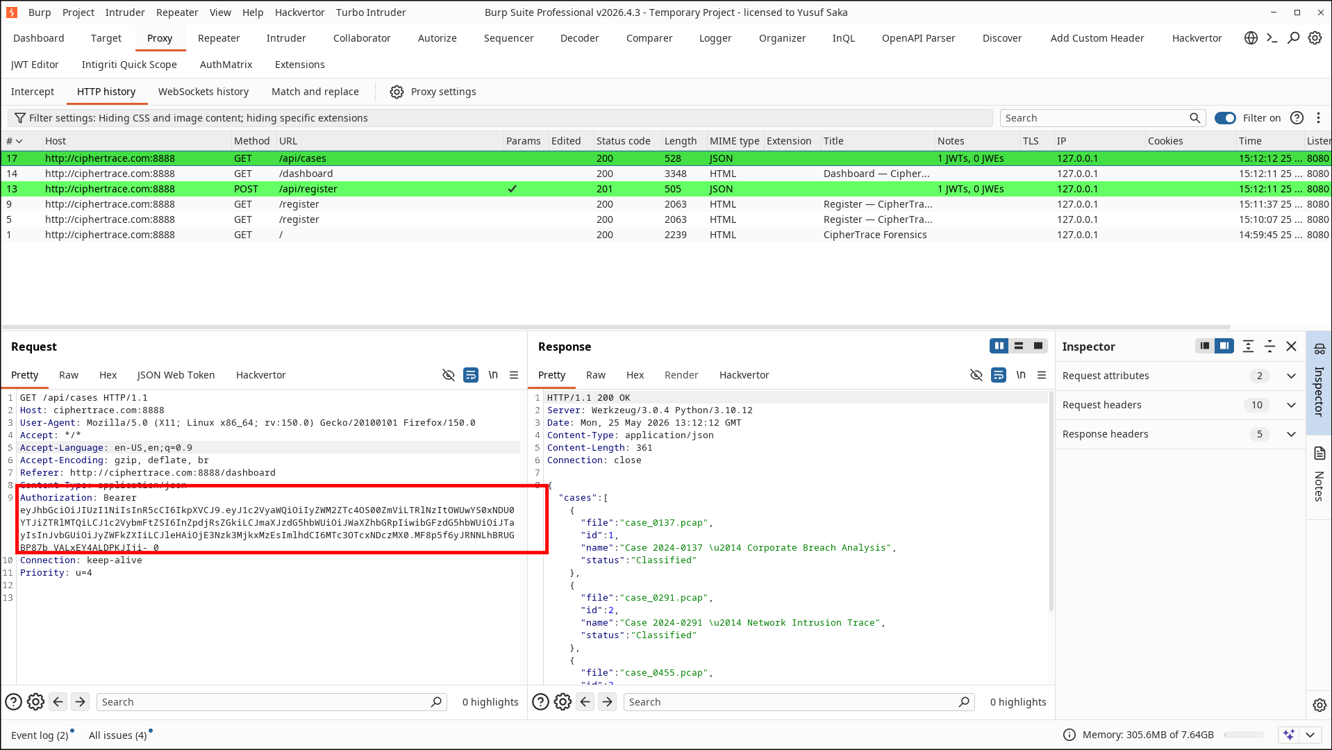 /api/cases response showing classified documents