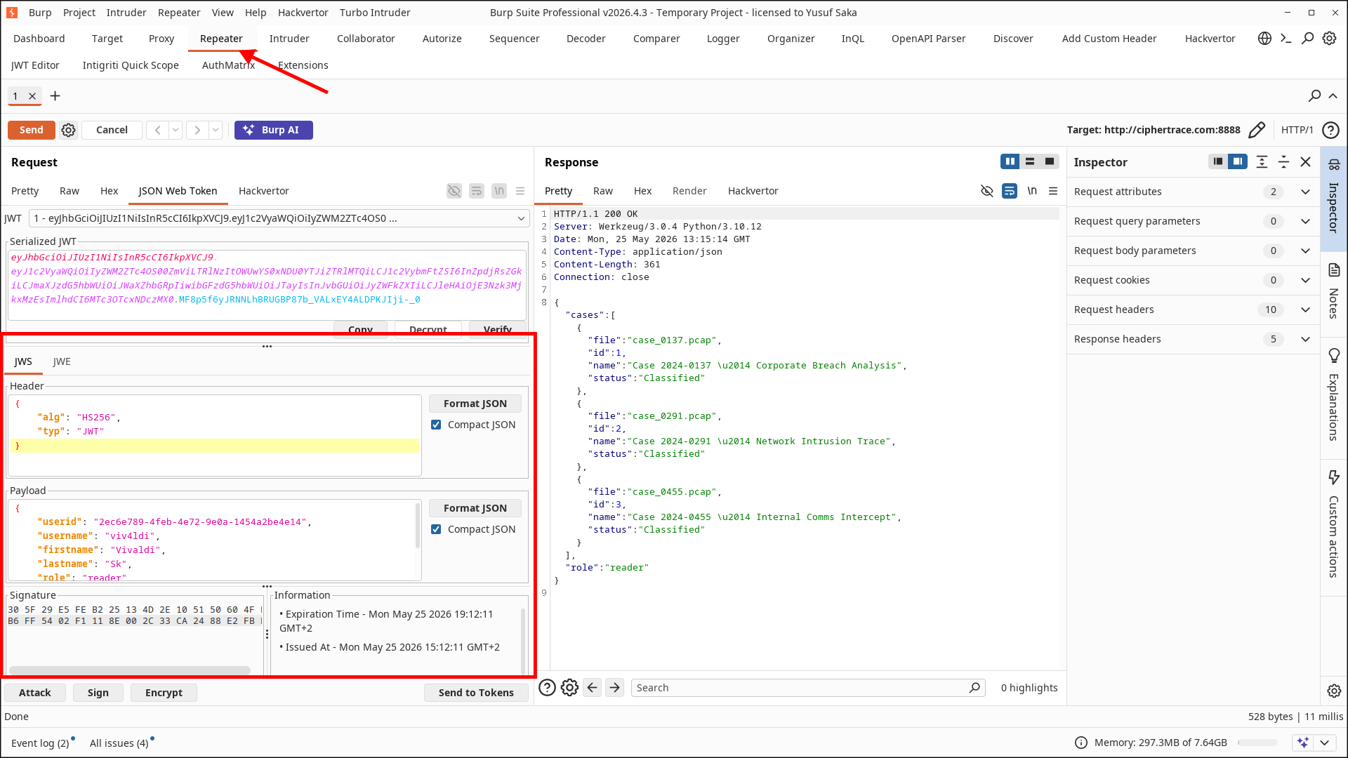 JSON Web Token tab showing algorithm and payload