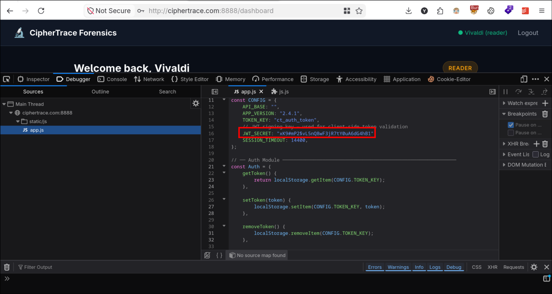 JWT secret leaked in a JavaScript file