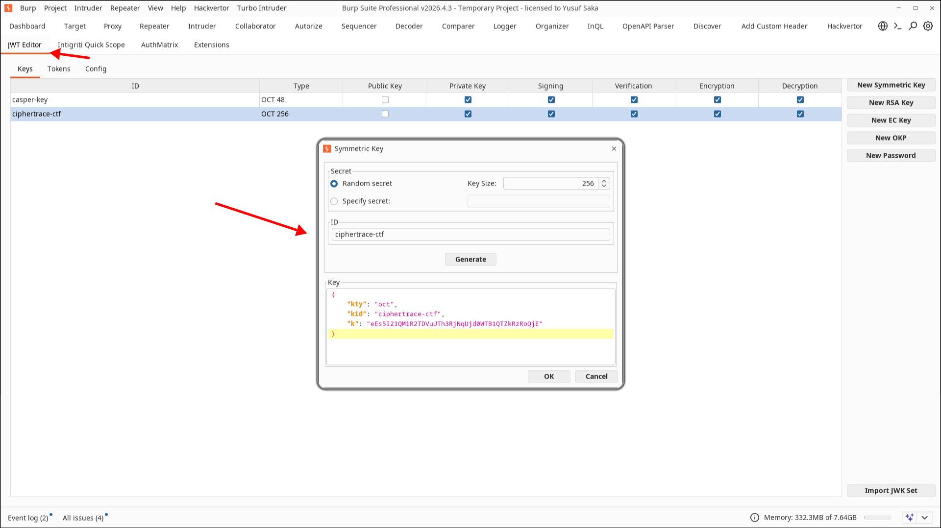 Creating a symmetric signing key in JWT Editor