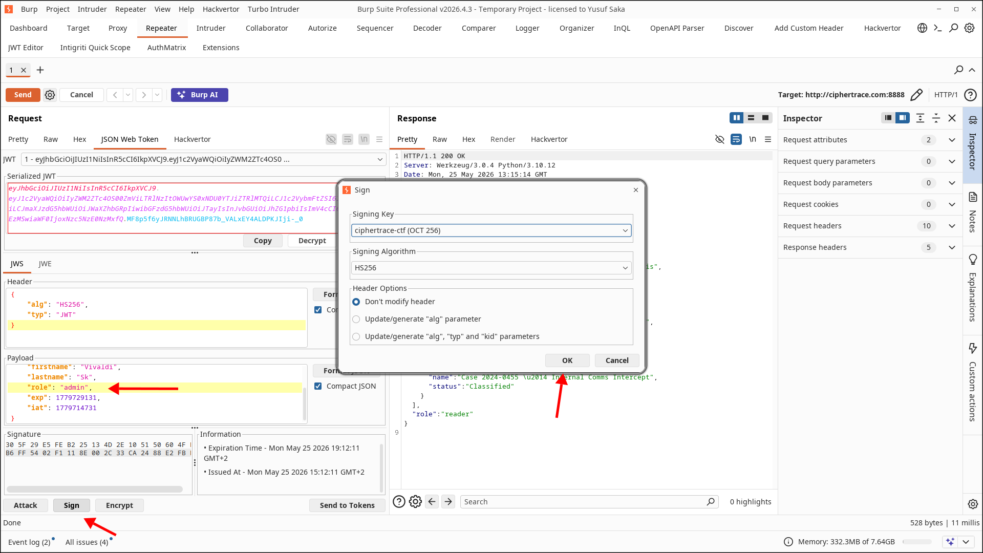 Signing a tampered token with role admin