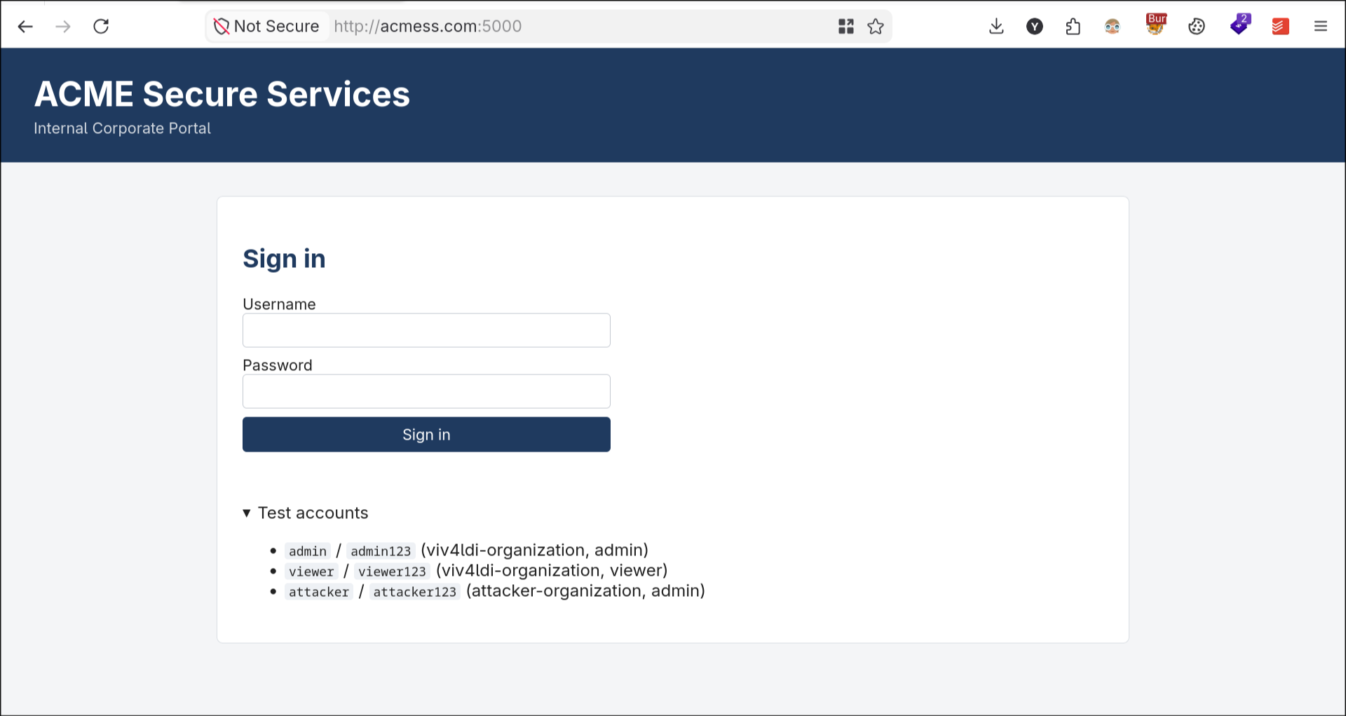 Three test accounts: admin, viewer, attacker