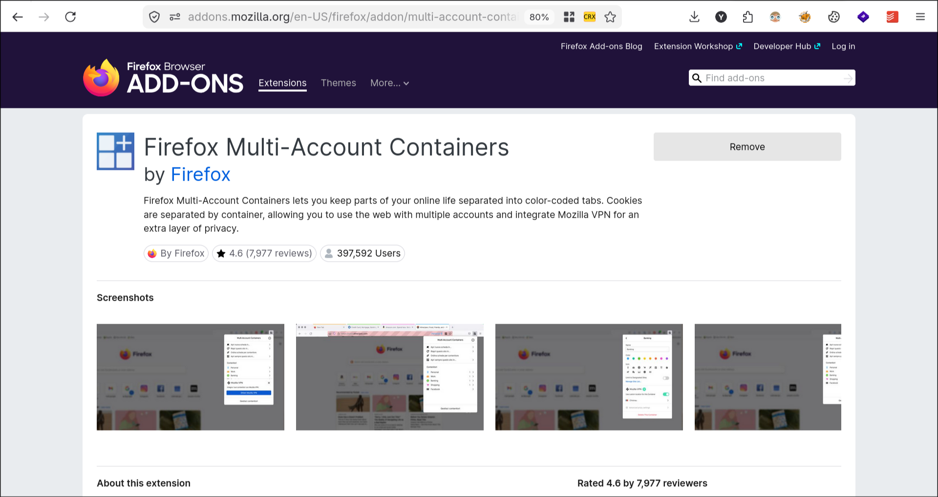 Firefox Multi-Account Containers on the Add-ons marketplace