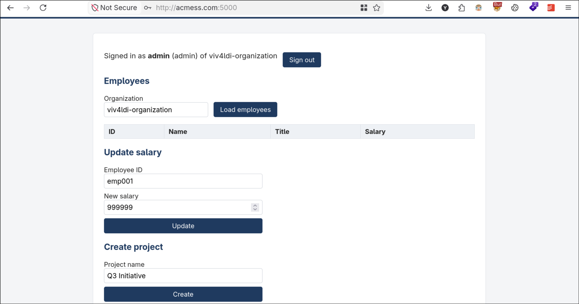 Dashboard with employee and project controls