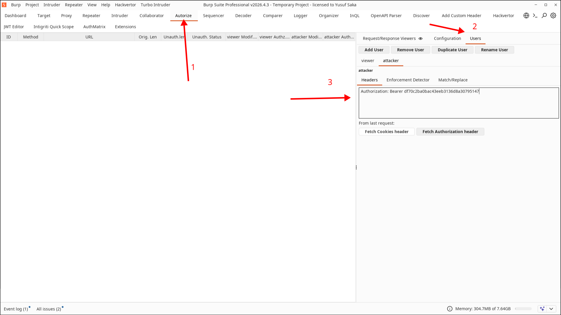 Autorize Users tab with viewer and attacker bearer tokens