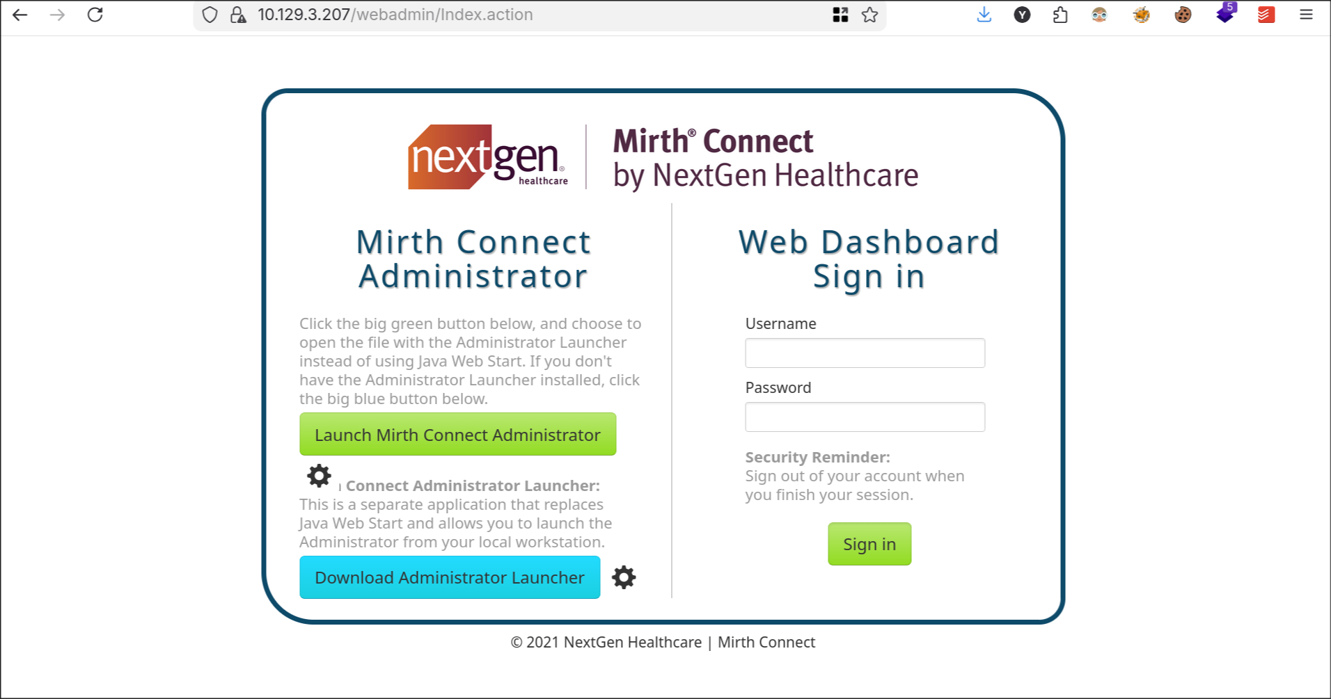 Mirth Connect login page