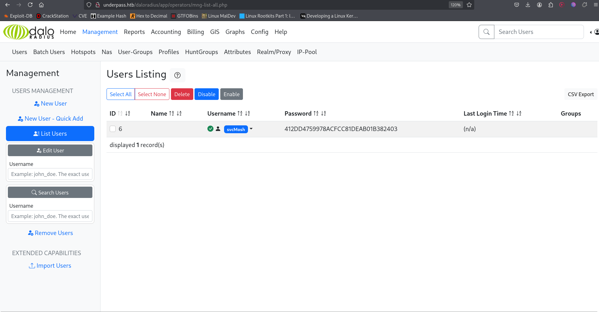 User list with hashes